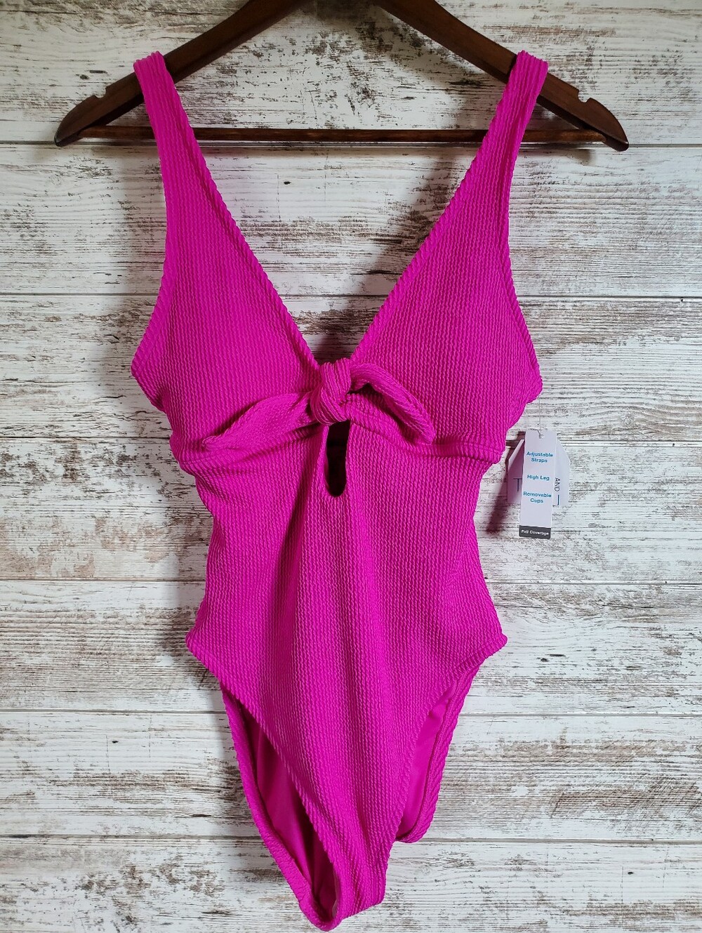NWT Time and Tru Pink Crinkle Plunge Tie Front One Piece Monokini Swimsuit